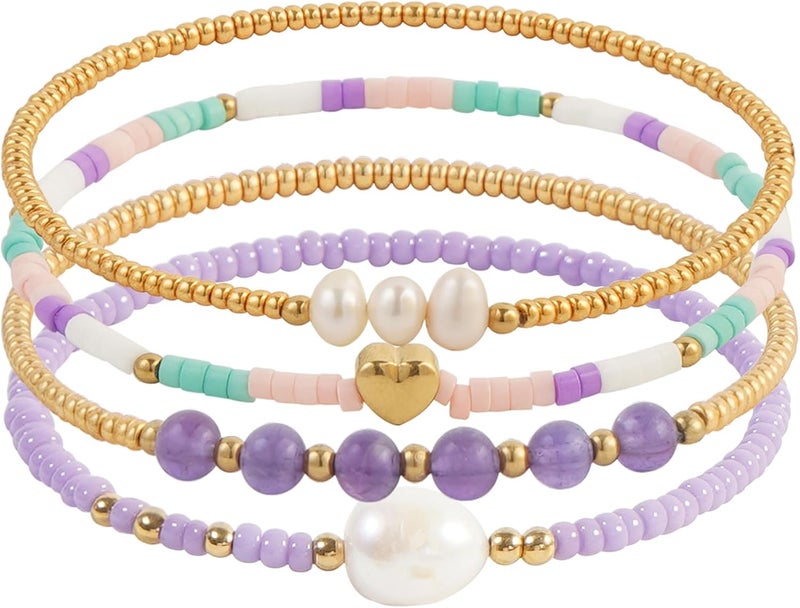 Pymach Store Dainty Gold Plated Pearl Crystal Beaded Bracelets Set for Women 14K Gold Plated Bead Pearl Beads Bracelet Stackable Paperclip Link Chain Bracelets Gold Plated Bracelets for Women Trendy Jewelry - Image 1